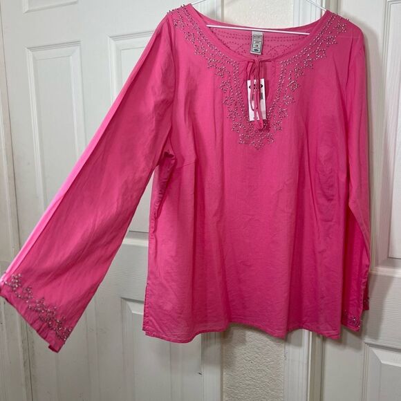 Old Navy Pink Long Sleeve Cotton Mini Sequins Scoop Tie Neck Tunic Top NWT 1X - Picture 9 of 13